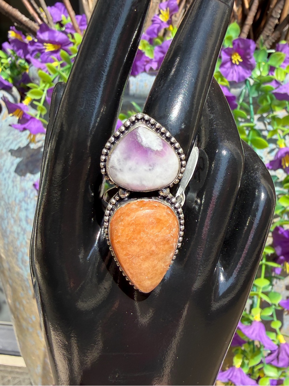 Sundance Double Teardrop Ring with Purple and Orange Stones